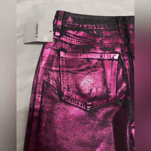Forever 21 Metallic Foil Pink Black Straight Leg Jeans 26 - Picture 11 of 16